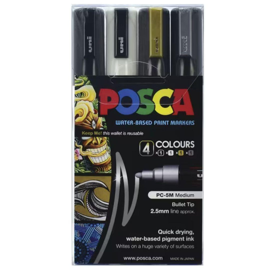 POSCA PC5M Paint Marking Pen - Black, White, Gold Silver - Set of 4 - Colourverse