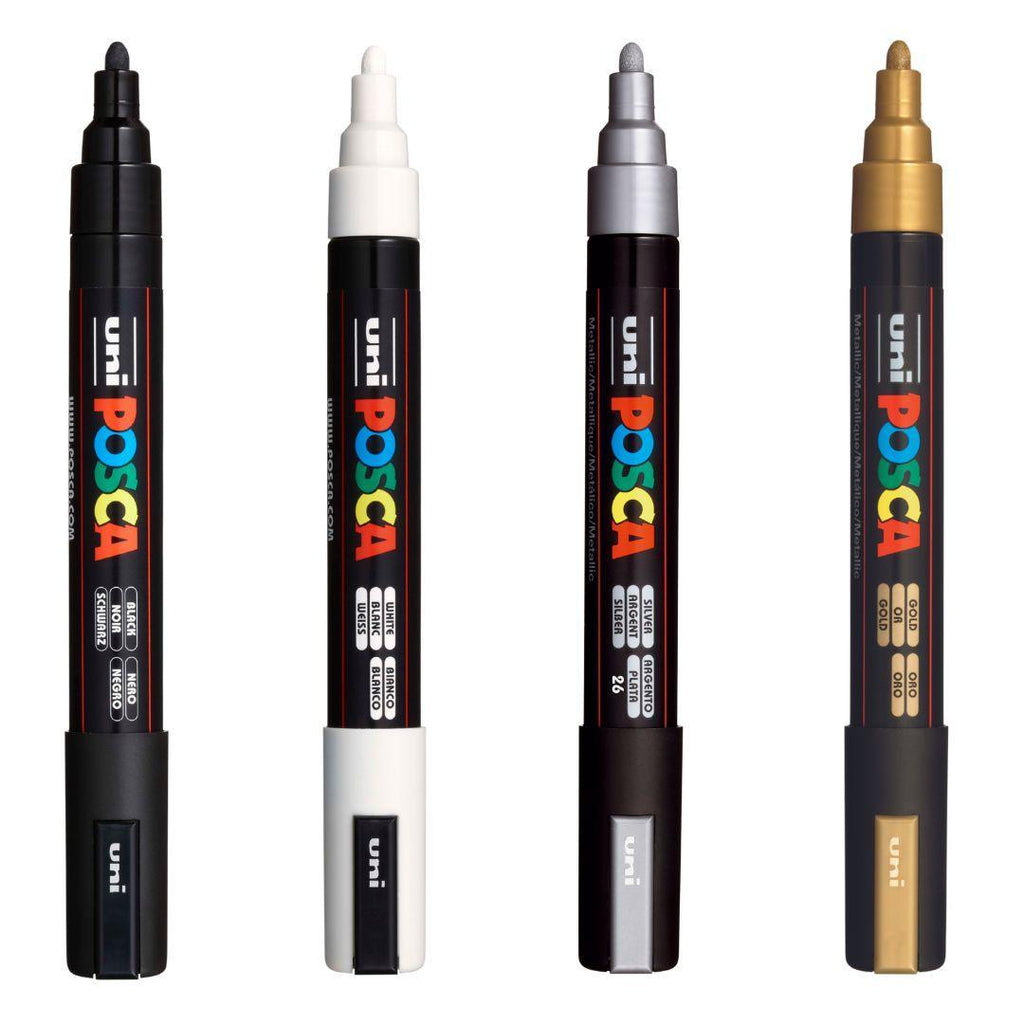 POSCA PC5M Paint Marking Pen - Black, White, Gold Silver - Set of 4 - Colourverse