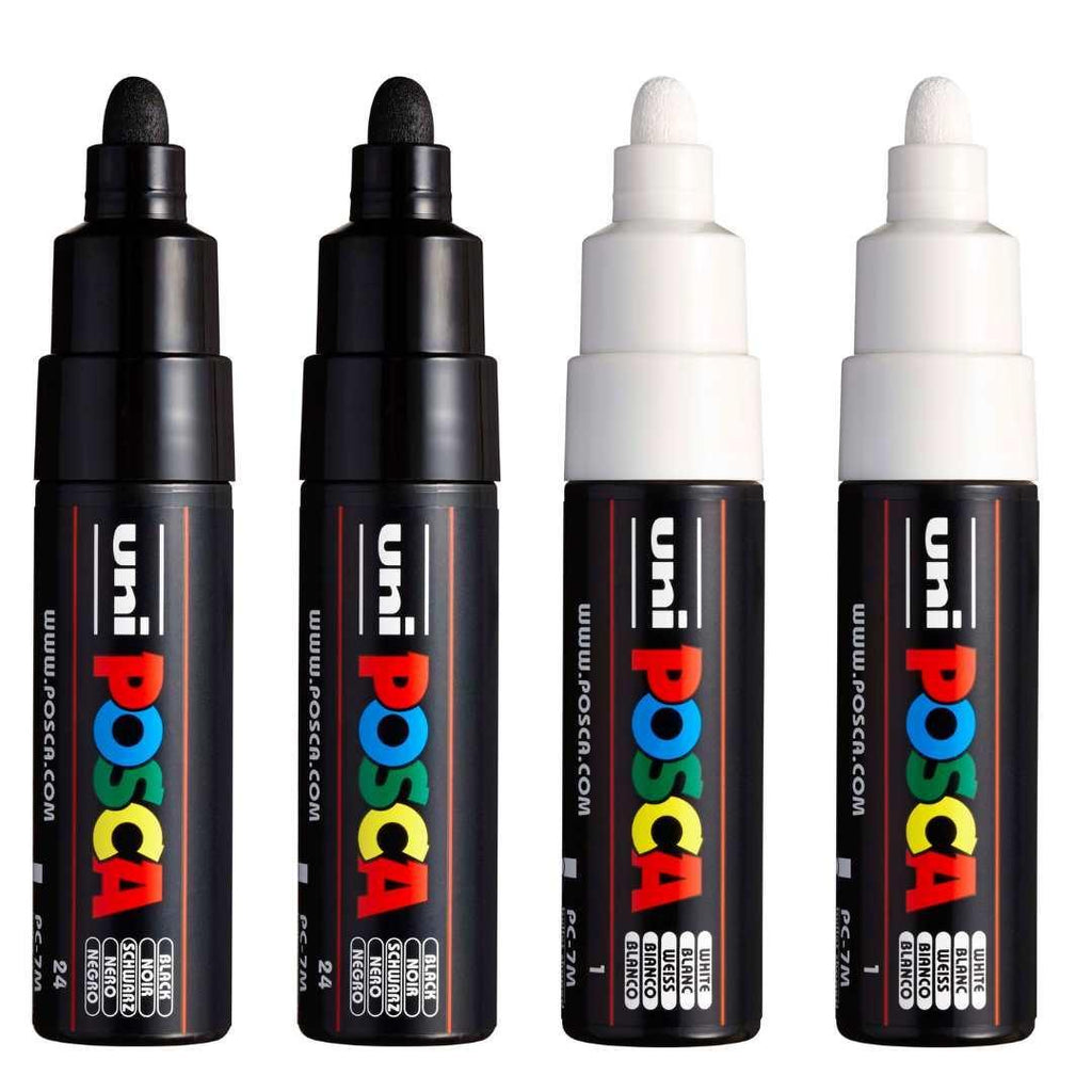POSCA PC7M Paint Marking Pen - BLACK & WHITE - Set of 4 - Colourverse